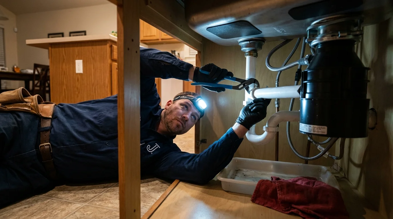 P-trap and supply line connections under a kitchen sink showing a common leak point in Butte, MT